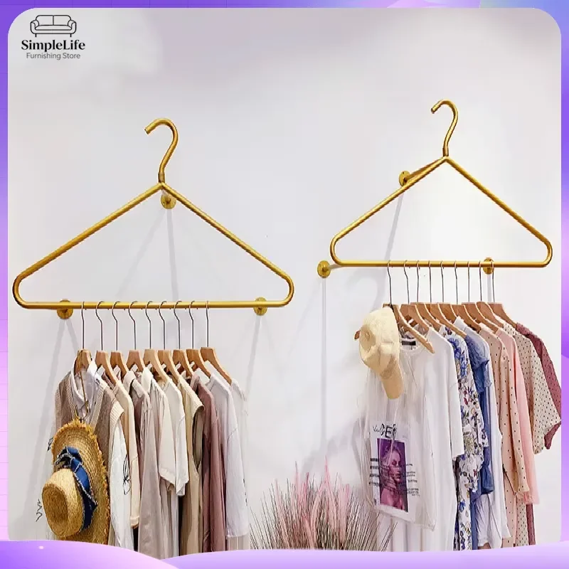 Gold Metal Wall Mounted Clothing Rack Heavy Duty Coat Hanger Organizer Display Shelf for Bedroom Entryway Closet Storage
