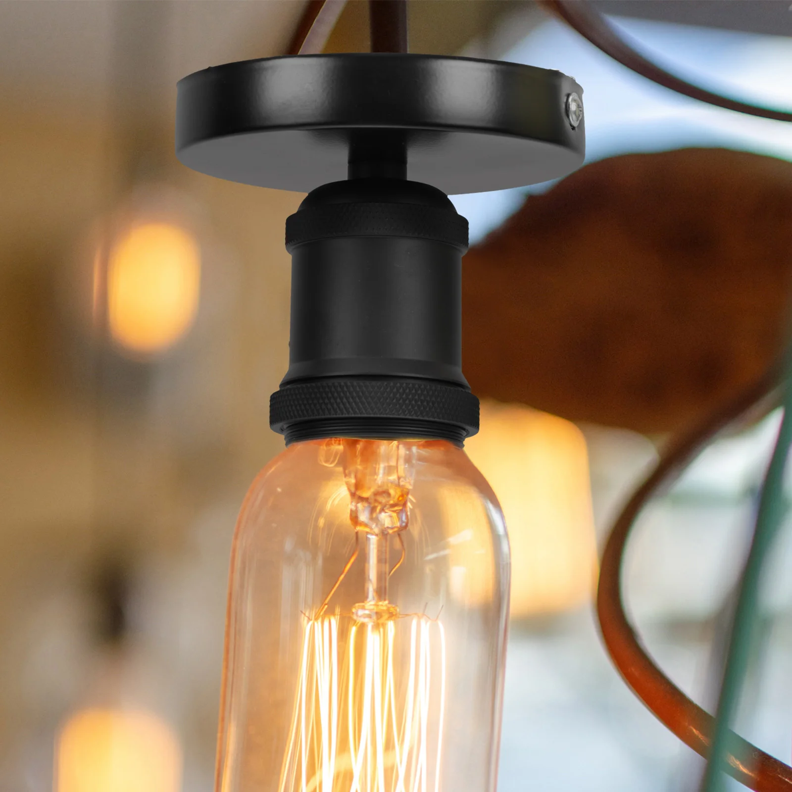 

E27 Ceramic Lamp Head Socket Holder Black Hanging Light Fixture Accessory Durable Iron Easy Install Dining Room Home Restaurant