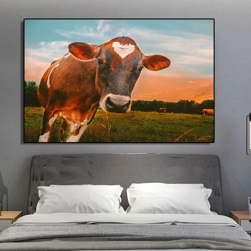 Modern Cute Dairy Cow Sunset Canvas Paintings  Animal Wall Art for Living Room Decor  Home Decoration Posters  Prints