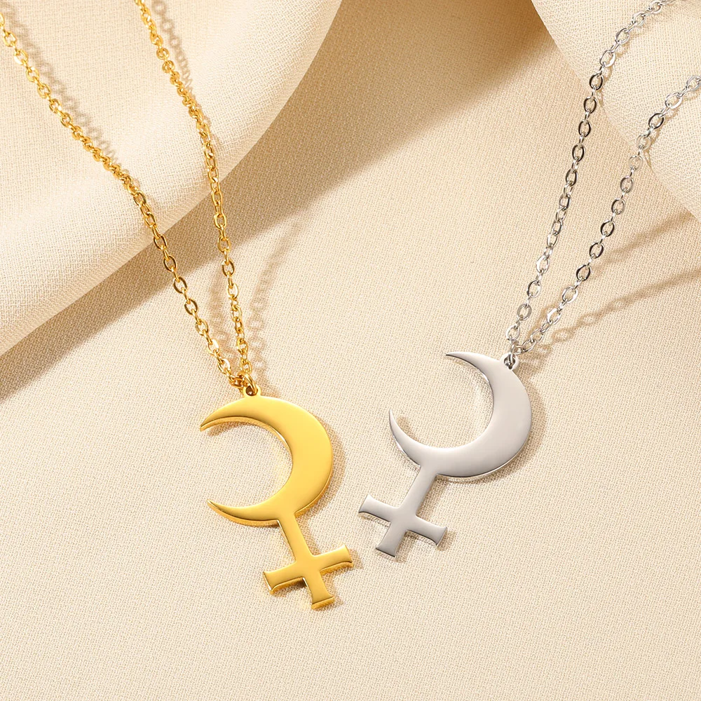 Gold Color Moon Cross Lilith Symbol Pendants Necklace For Women Stainless Steel Charms Astrological Symbol Sign Amulet Jewelry