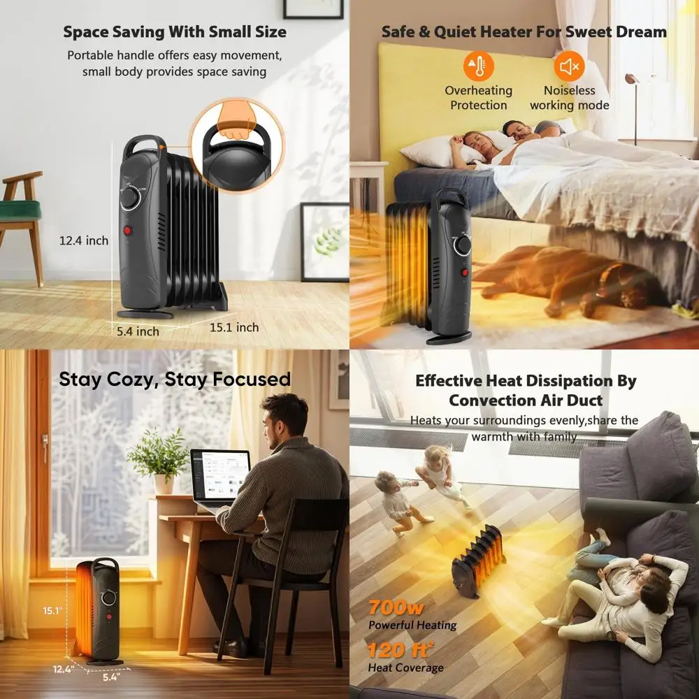 

Масляный радиаторный обогреватель мощностью 700 Вт с регулируемым термостатом, 2 режима нагрева, защита от перегрева, бесшумный, портативный для дома и выключения