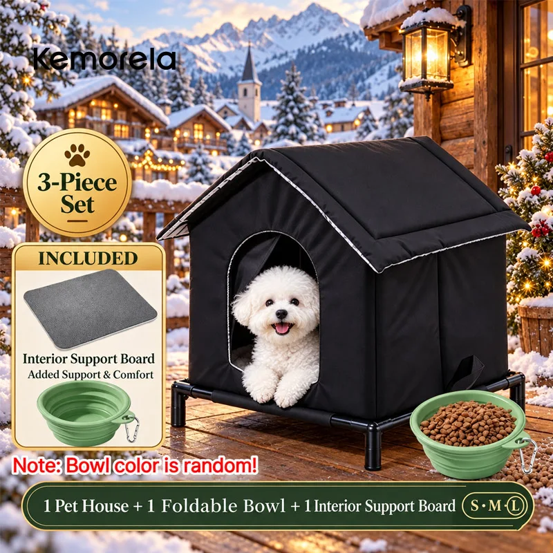 Outdoor Elevated Dog House with Foldable Bowl & Support Board Waterproof Oxford Pet Shelter Insulated Warm Bed for Small Dogs