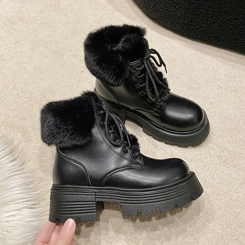 

2025 Winter Fluffy White Fur Women Short Snow Boots Fashion Plush Warm Platform Booties Comfort Square Heel Ladies Shoe