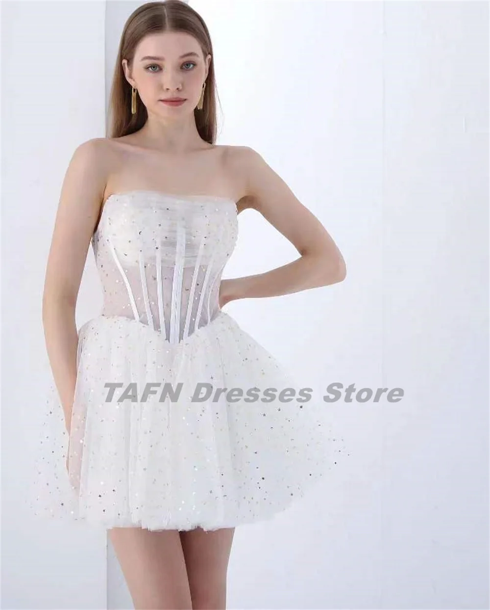 TAFN Mini Party Gown Strapless A-line Above Knee Shiny Star Evening Dresses Simple Elegant Tulle Prom Dresses Custom Made