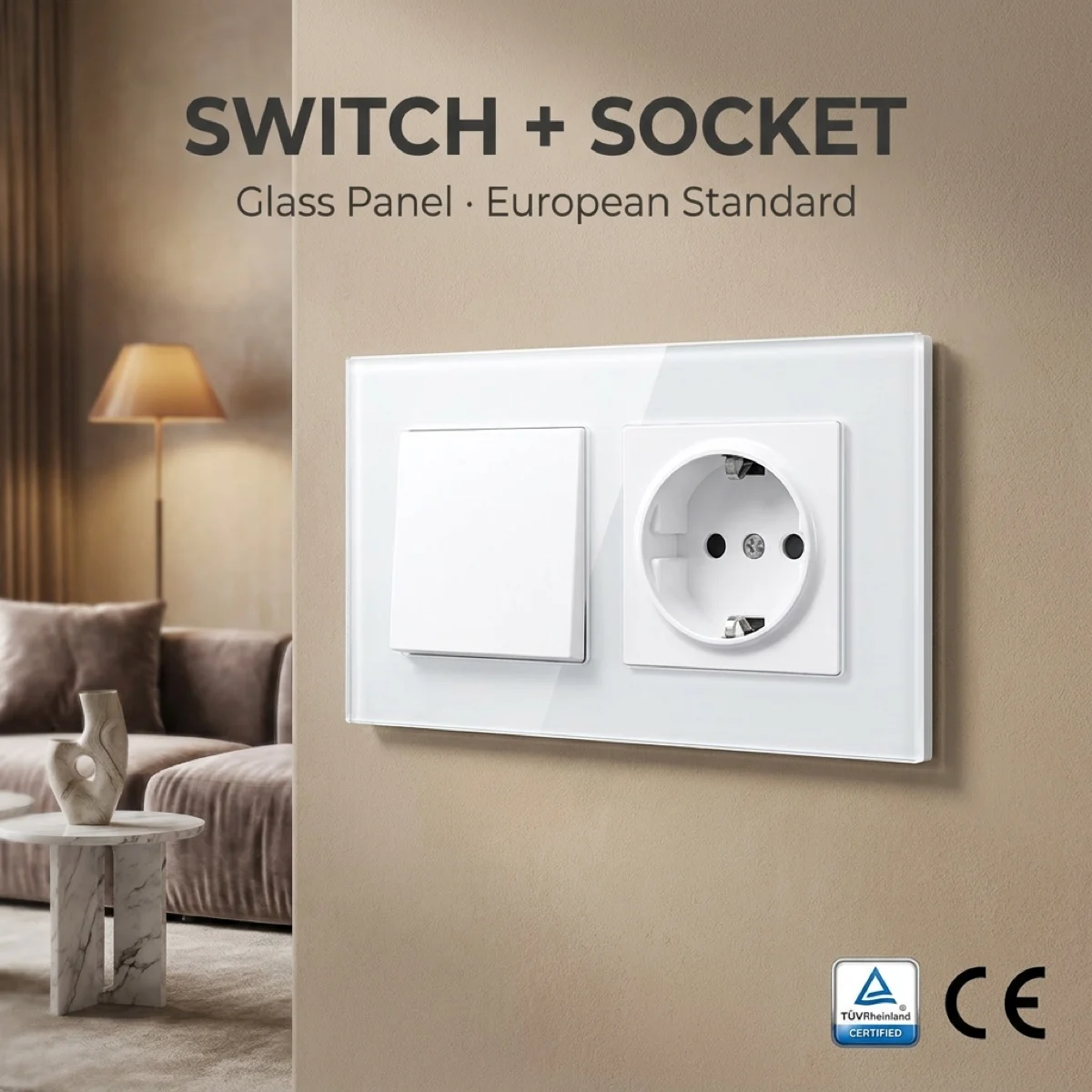 MEZEEN CE Certified EU Standard 16A Wall Socket  250V~Wall Switch Electrical Outlets White Tempered Glass Frame