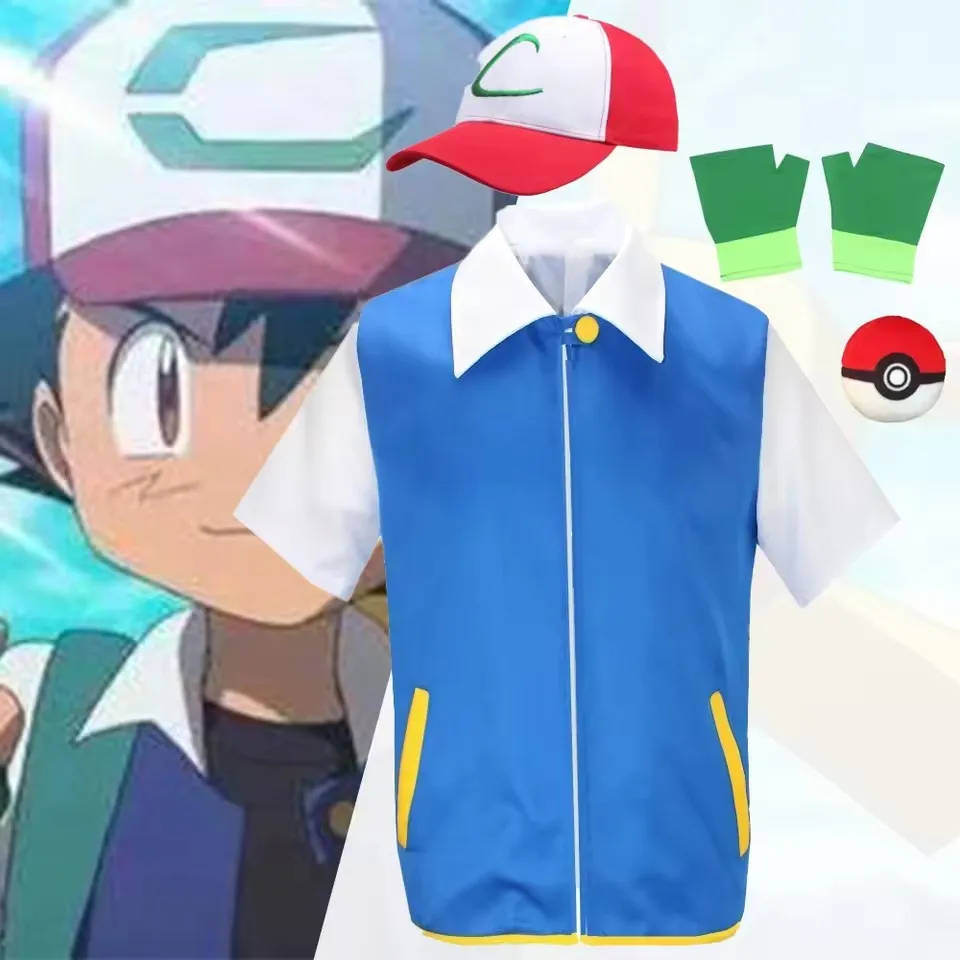 Herren Anime Trainer Cosplay Kostüm Ash Ketchum Erwachsene Jugendliche Halloween Damen Disfraz Party Blaue Jacke Mütze und Handschuhe Sets