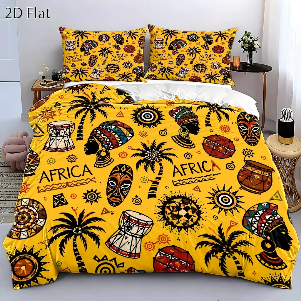 3-Piece African Ethnic Style Bed Set (1*Duvet Cover + 2*Pillowcases), Duvet Cover Set Suitable for All Seasons, Machine Washable, Invisible Zipper, Personal Bed Cover Suitable for Home, Dormitory, Master Bedroom, Guest Room, Large Duvet Cover Set Featuring Palm Tree Totem Mask and Drum Elements, Exotic Style Bedding Set, Artistic Print Bedroom Bedding Set, Popular African Culture Bedding Set