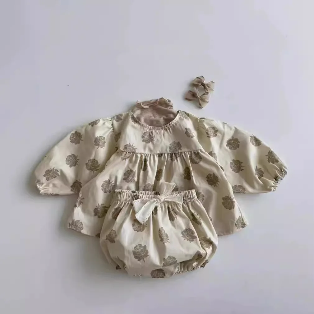 Baby Clothing Set 2024 New Fashionable Spring and Autumn Printed Flower Long-sleeved Blouse Shorts Girl Round Neck Two-piece Set