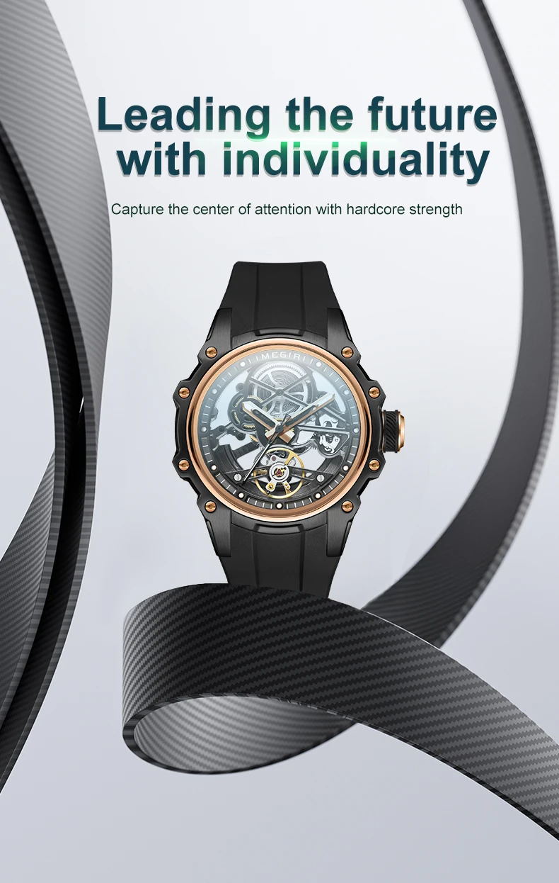 MEGIR Skeleton Dial Automatische Mechanische Uhr Männer Edelstahl Gehäuse Wasserdicht Leuchtende Sport Armbanduhr mit Silikon Armband – Detail 2