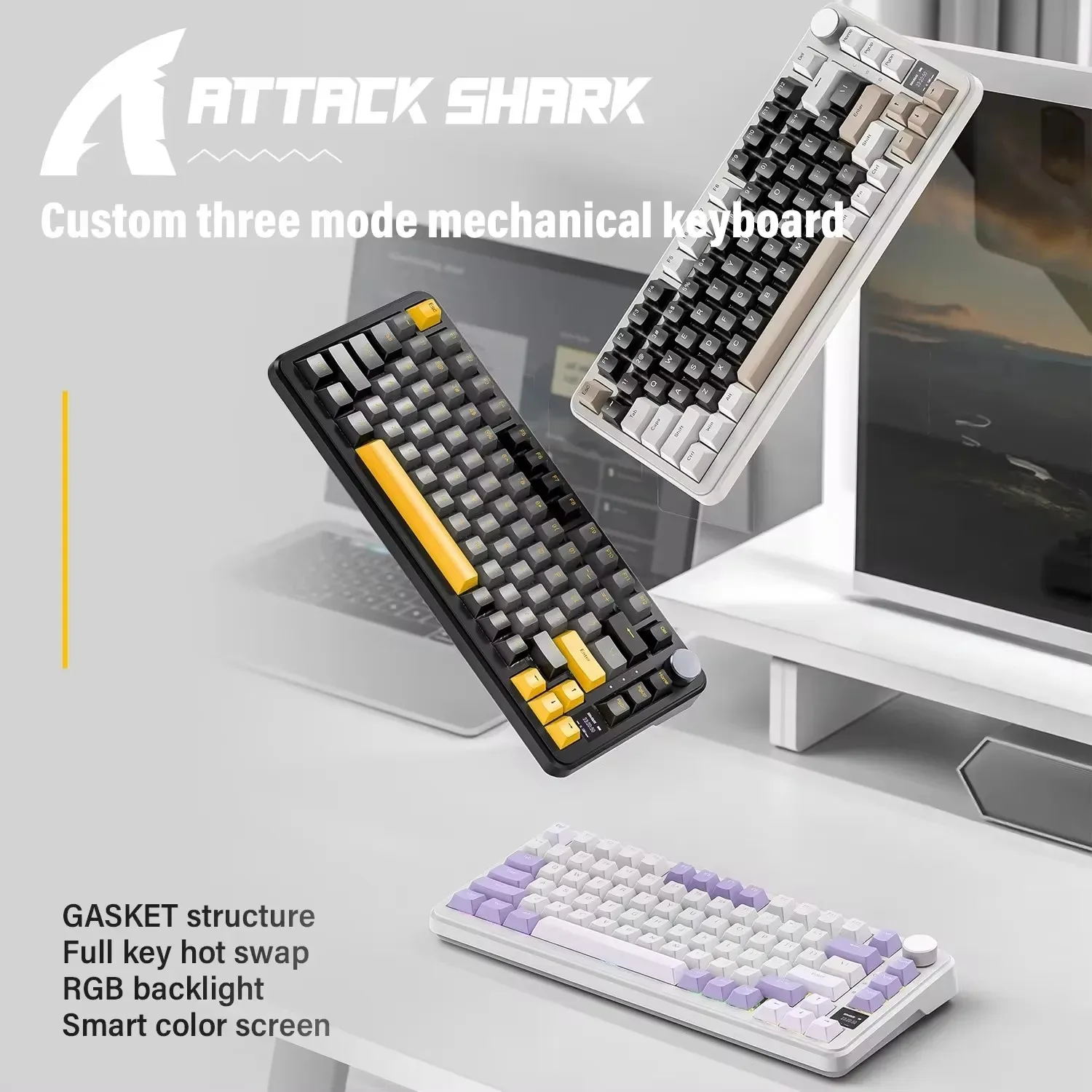

Attack Shark X85 Pro Mechanical Keyboard - Hot-Swap RGB Backlit Smart Color Screen Gasket Mount Full-Key Alloy Knob