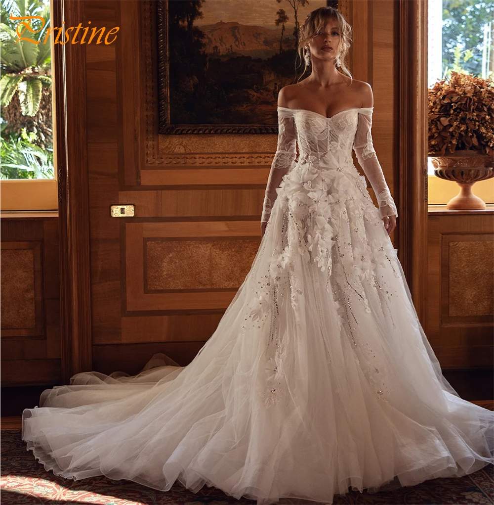 맞춤형 보헤미안 화이트 오간자 웨딩 드레스, 포멀 스위트하트 롱 슬리브 브라이덜 가운, 부드러운 A라인 코트 트레인 베스티도 데 노비아