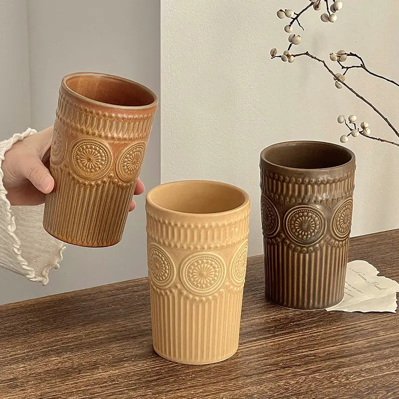Vintage Sunflower Relief Ceramic Cup 2026 Household High Aesthetic Coffee Latte Mugs Distressed Exquisite Round Milk Water Cup