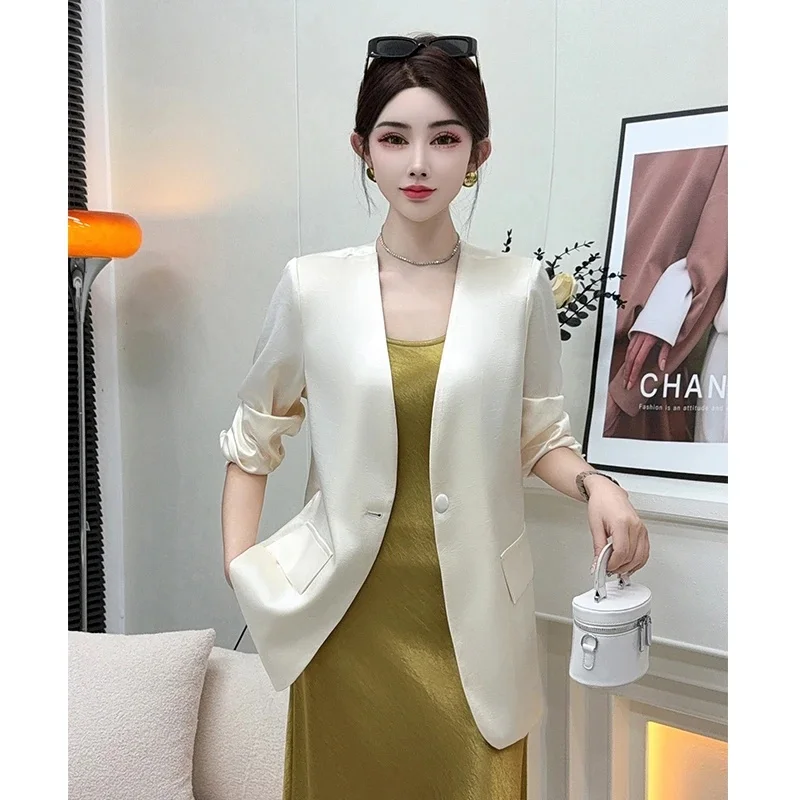 

Satin Fabric Slim V-neck Suit Jacket Casual High-end Women's Suit Coat New 2025 Summer Autumn Thin Jacket Outerwear top