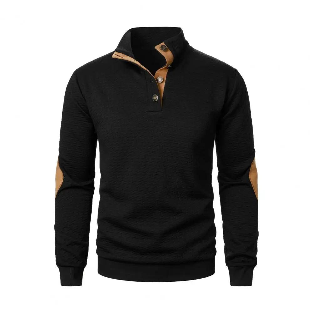 Long Sleeve Top Button Top Stylish Men's Patchwork Sweatshirt with Stand Collar Elastic Cuffs Wear Top for School or Work