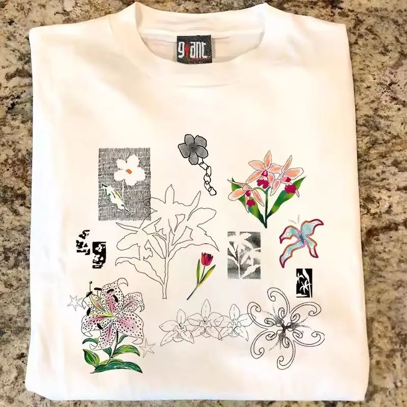 Minimalist White Tee with Multi-Style Botanical Sketch & Floral Print Korean Brand Design Elegant Aesthetic Breathable Summer
