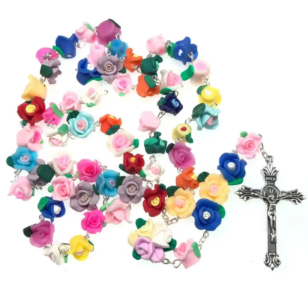 20pcs/set Handmade catholic Rosary necklace beautiful Pink Soft Clay beads rose rosary catholic crucifix Necklace free ship