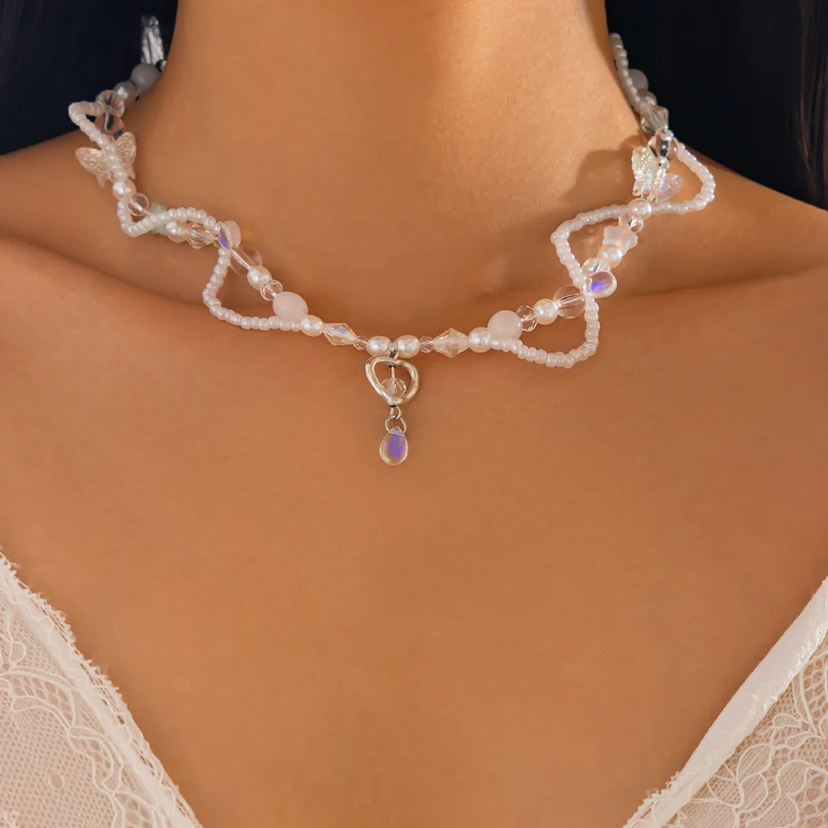 Choker Heart Butterfly Tassel with Seed Beads and Fine Metal Chain for Women Sweet Daily Versatile Layered Jewelry Gift