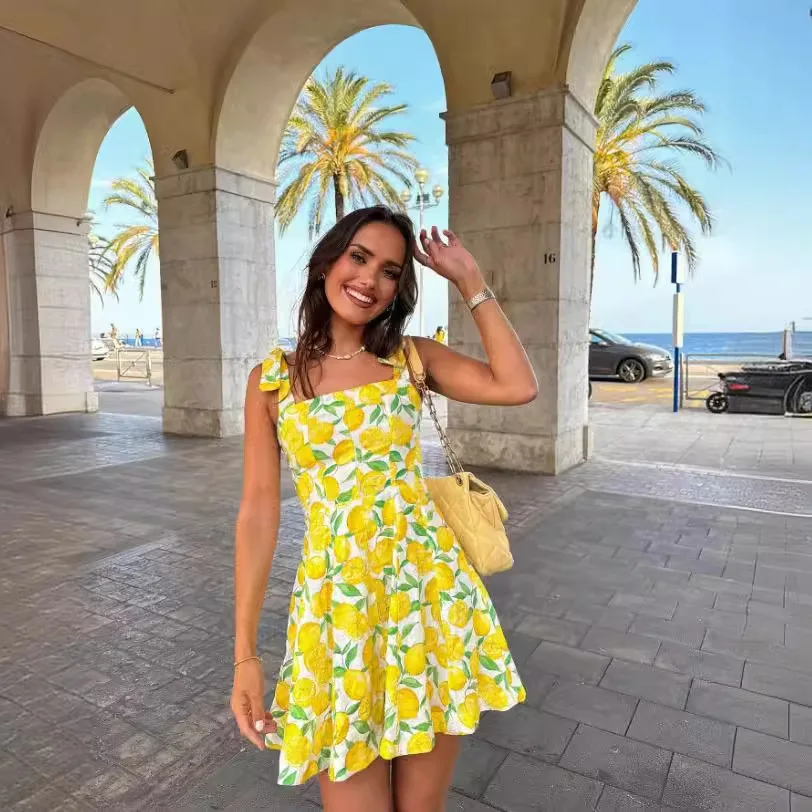 Summer Lemon Print Mini Suspenders Dress Women Slim Square Neck Sleeveless Pleated Vestidos 2024 New Female Holiday Dresses