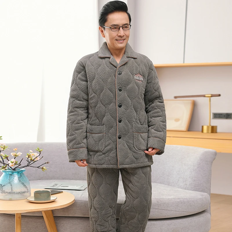 Big Size M-4XL Winter Men Pajamas Set Thick Warm Mens Flannel Clip Cotton Sleepwear Long Sleeve Pyjamas Male Loose Homewear