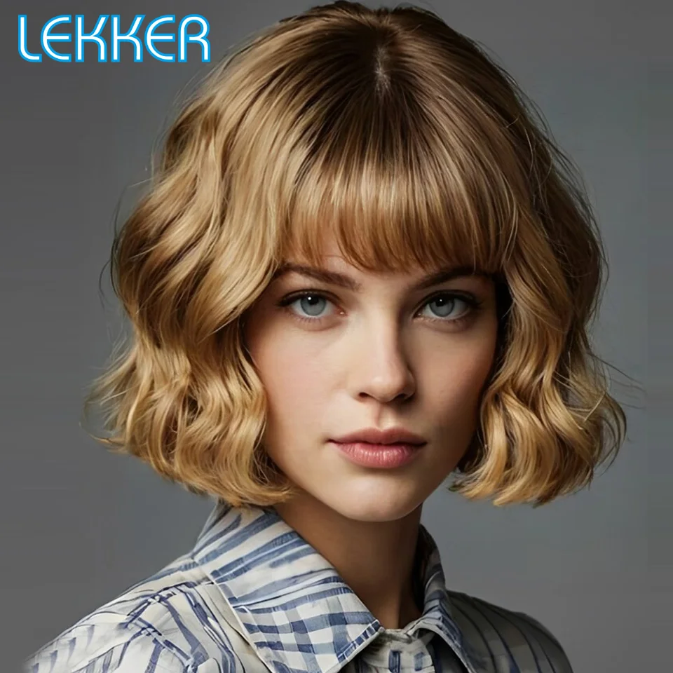 

Lekker Ombre Blonde Short Wavy Bob 100% Human Hair Wigs With Bangs For Women Brazilian Remy Hair Full Machine Made Colored Wigs