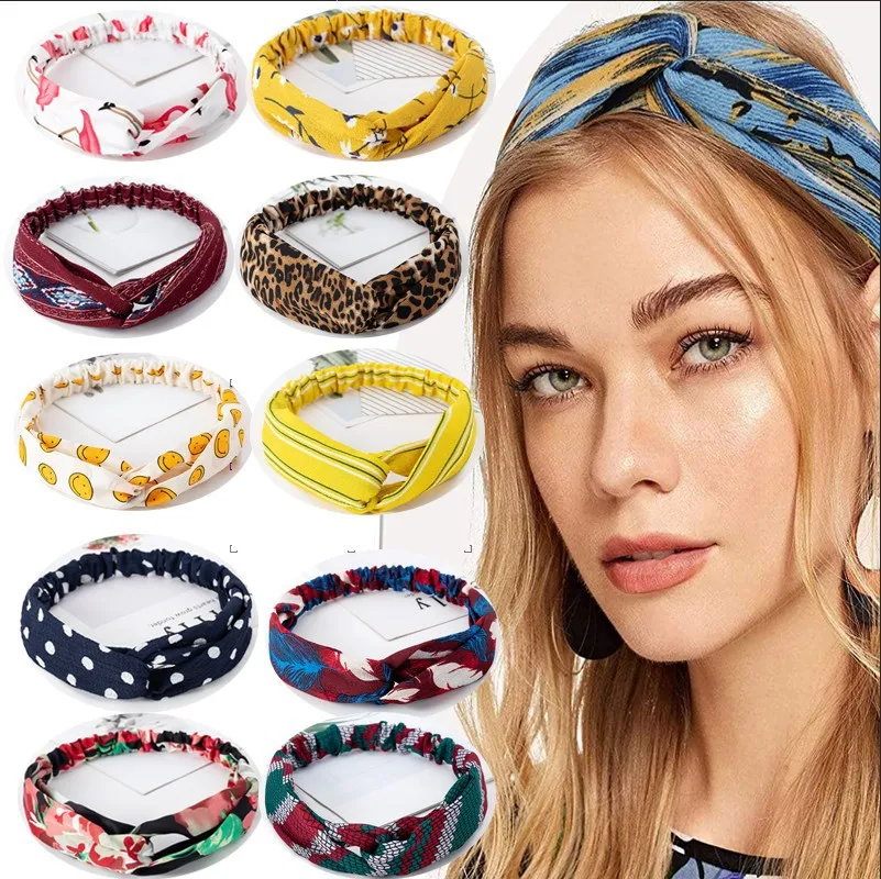Summer Vacation Flower Print Headband Bohemian Fashion Women Girls Hair Bands Vintage Cross Turban Bandage Bandanas Accessories