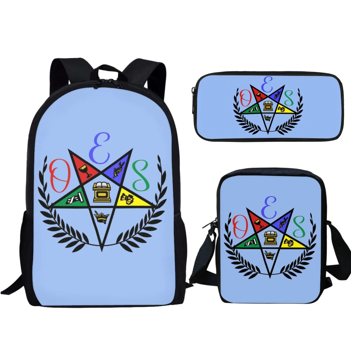 OES Style Order of The Eastern Star Emblem Backpack 3Pcs Large Capacity School Bag and Meal Bag Pen Box Set Student School Bags