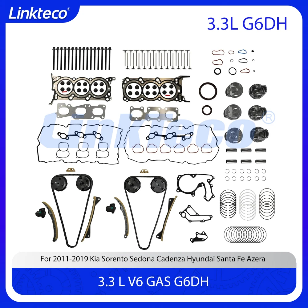 

Engine Rebuild Timing Chain Kit Head Bolts Gasket Seal Piston & Rings Intake & Exhaust Valves Set Fit 3.3 L G6DH For Hyundai Kia