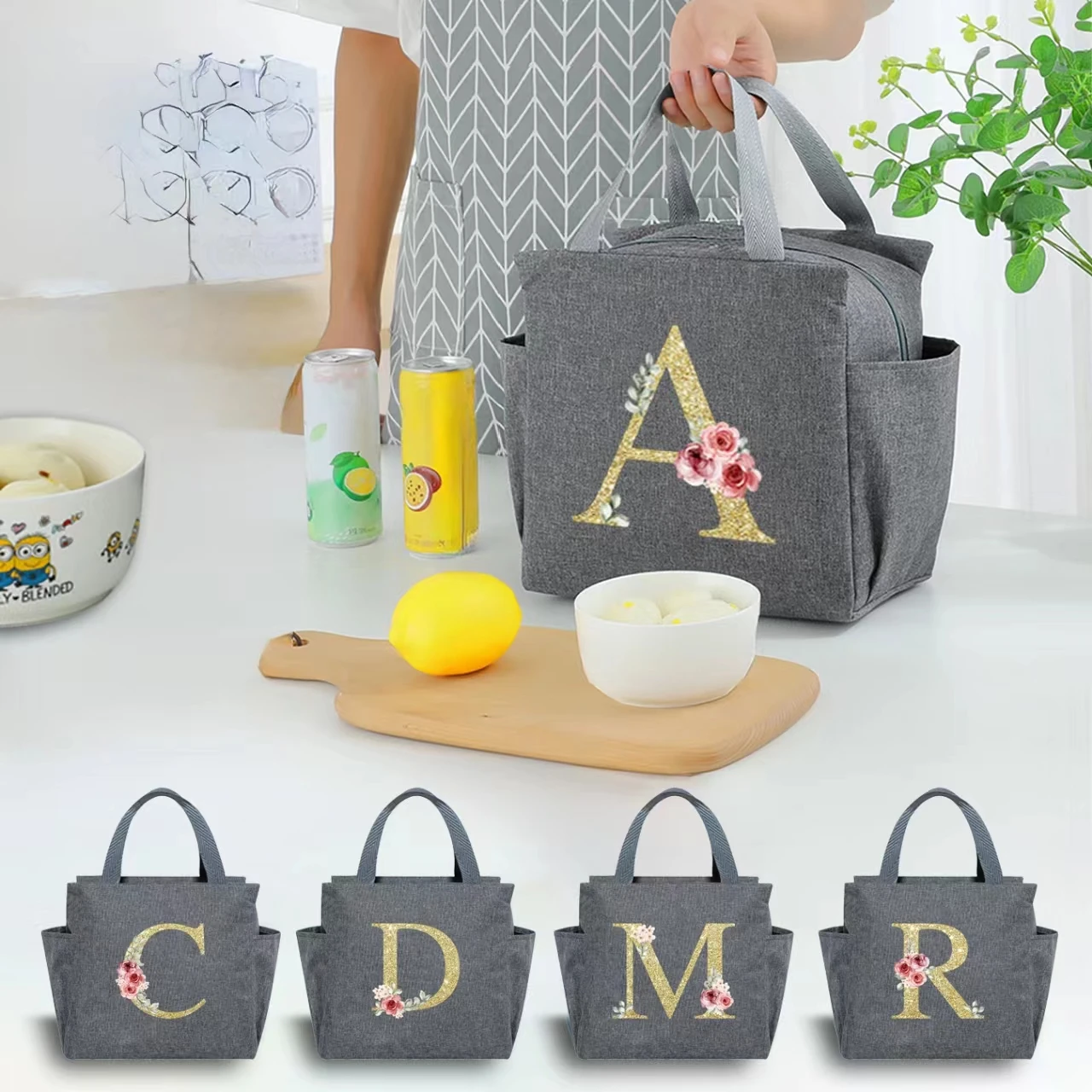 Een ~ N Letter Bedrukte Nylon Lunchtas Met Rits Waterdichte Isolatiezak Ijszak Geschikt Voor Mannen & Vrouwen Werk Picknick Reizen