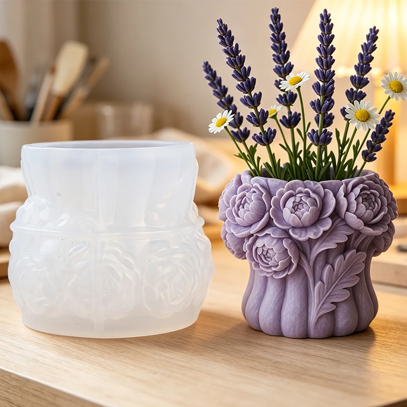 3D Rose Flower Vase Silicone Mold DIY Pen Holder Storage Container Candlestick Flower Pot Craft Casting Mold Home Decor