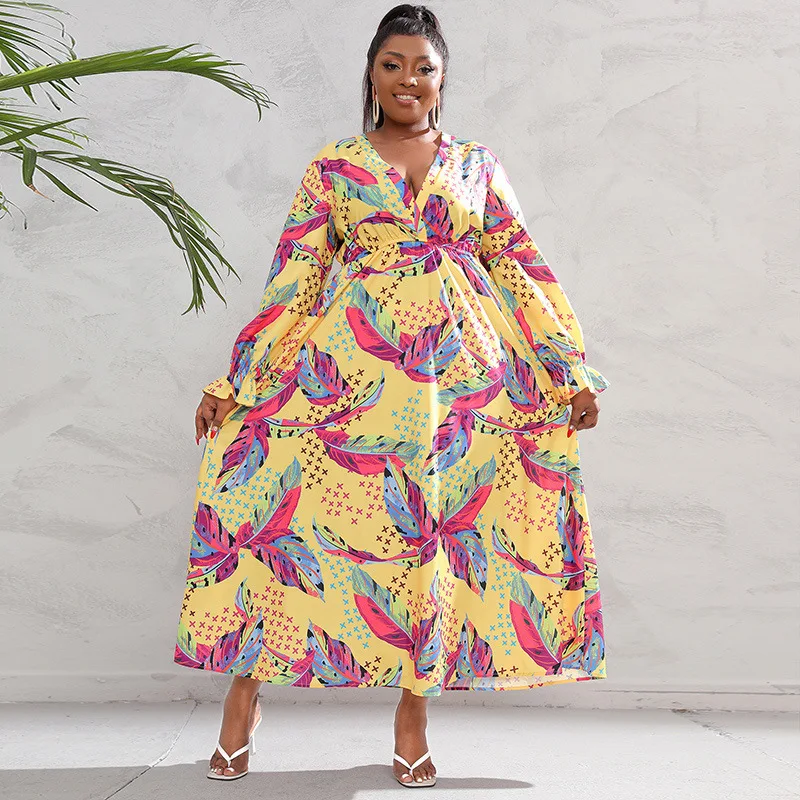 

Autumn large size women's dress long skirt long sleeve swing skirt fashion simple temperament elegant vacation style high-end ba