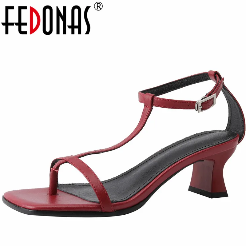 FEDONAS T-Strap Narrow Band Women Sandals Summer Thick Heels Genuine Leather Mature Elegant Office Lady Party Shoes Woman Pumps