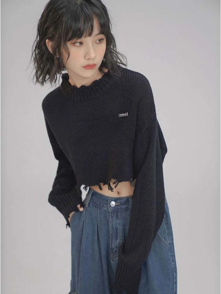 Tassel Cropped Pullovers Women High Street Y2k Clothes Knitted Autumn Clothing Harajuku Casual Sweaters Pull Femme All-match New