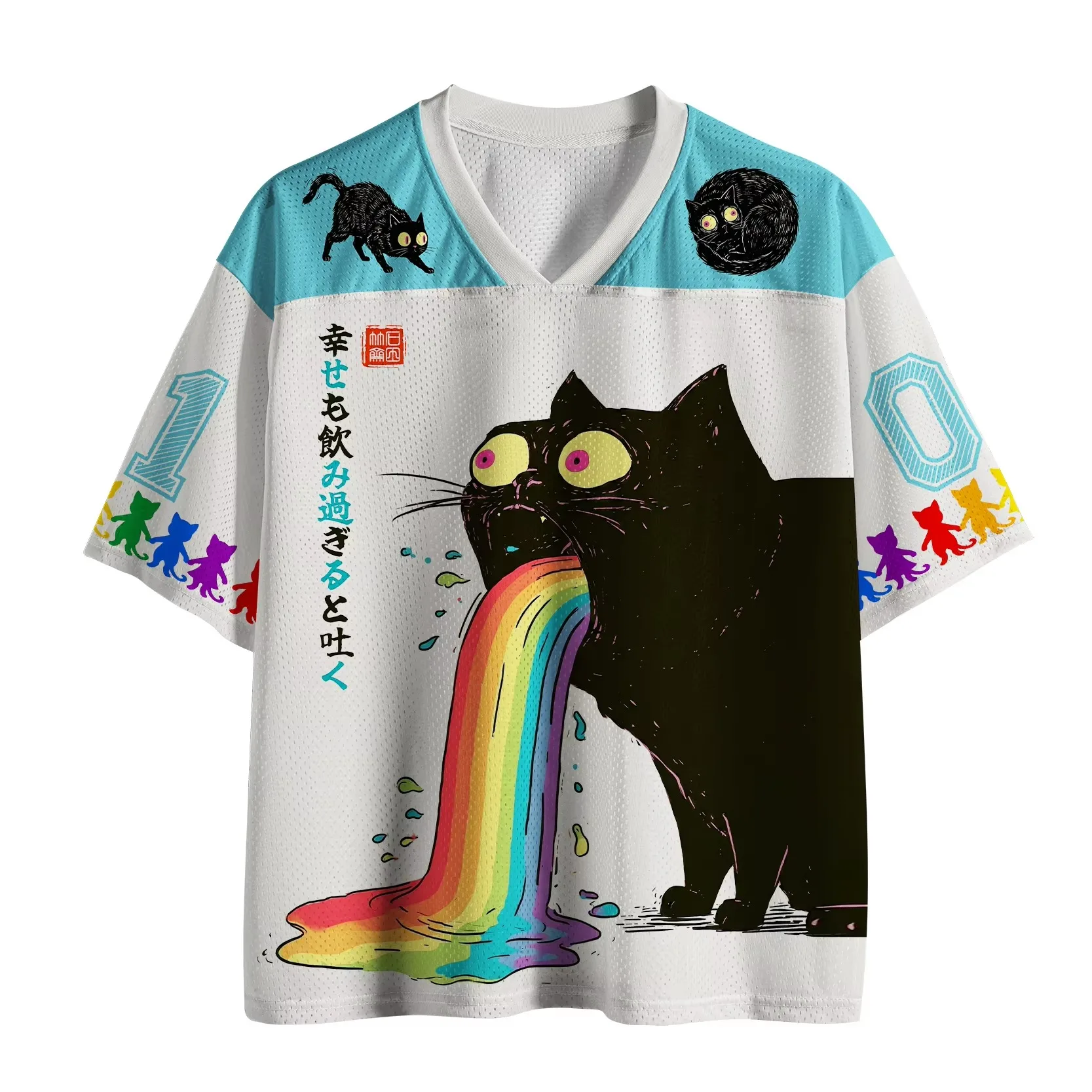 Fun Black Cat Spitting Rainbow Japanese Fun Printed Mesh V-neck Top Neutral Fashion Cool Loose Casual Quick Drying Top