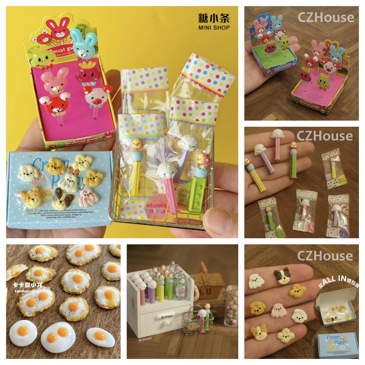 Retro Showa Animal Candy Bars: Bear, Frog, Bunny & Lamb Miniatures with Tiny Fried Egg for 1:6 Dollhouse & BJD Display