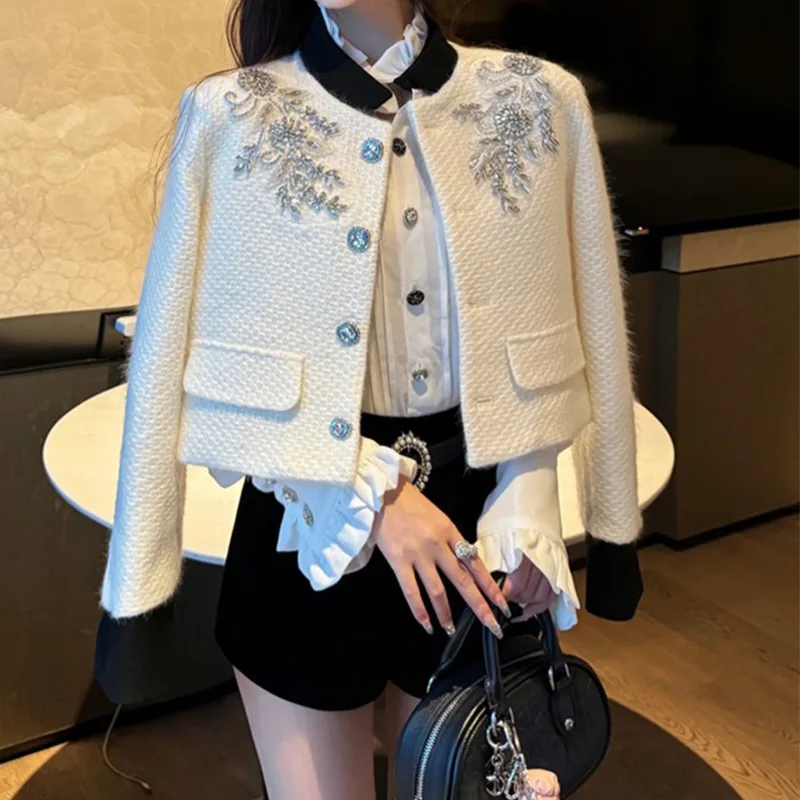 

High Street Newest 2024 Women's Rhinestone Diamonds Beading Down Inner Stand Collar Short Jacket Autumn Winter Tweed Coat G770