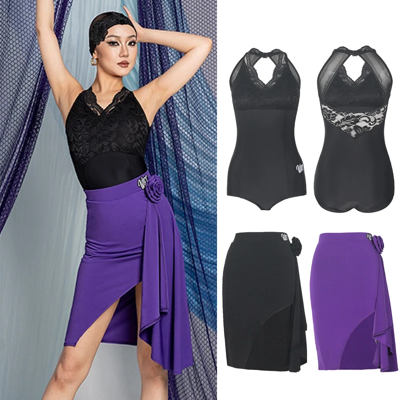 

2025 New Latin Dance Clothes Women Back Lace Tops Sleeveless Onesie Latin Ballroom Dance Skirt Adult Practice Dancewear DNV23444