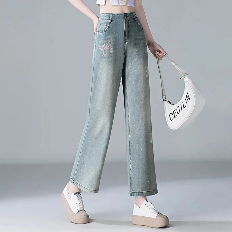 Butterfly Hot Diamond Jeans Women's 2025 Autumn New High Waist Slim Straight Leg Pants Large Loose Wide Leg Pants