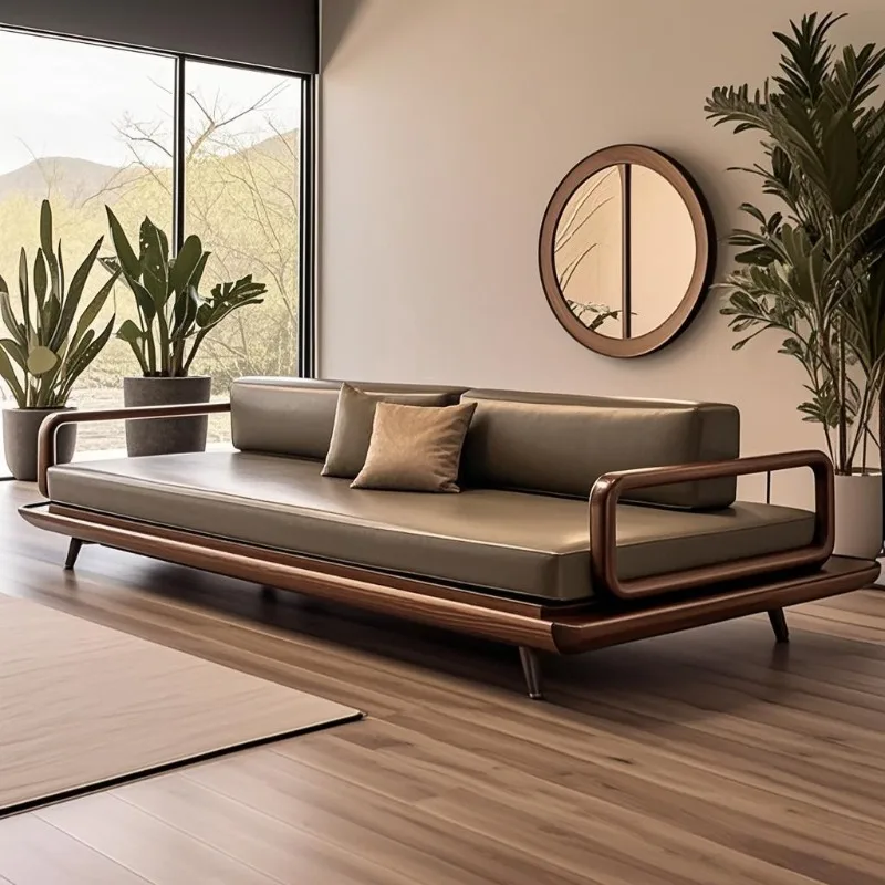 New Chinese-style solid wood sofa, living room 2025 new North American leather inline sofa
