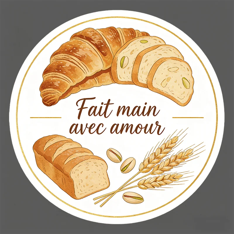 Round Stickers -  "Fait main avec amour" Design for Gift Bags, Gift Boxes & Bakery Packaging, Bread Display Supplies