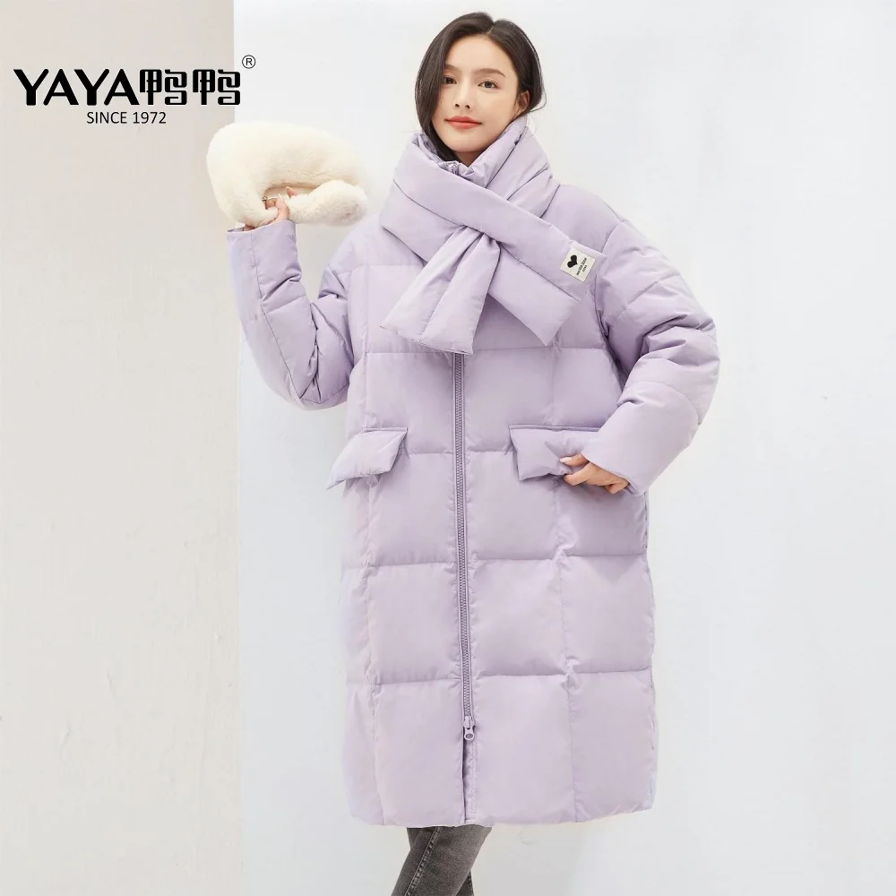 YAYA 2022 Women's Winter Duck Down Jacket Thick Loose Long Short Warm Scarf Style Overcoat Hooded Windbreak Padded Outerwear