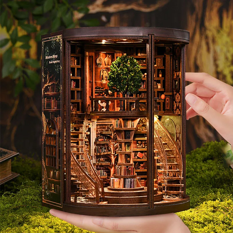Retro DIY Book Nook Cabin Kit Miniature Wooden Dollhouse with Lights Bookshelf Insert 3D Puzzle Decor Model for Handmade Gifts