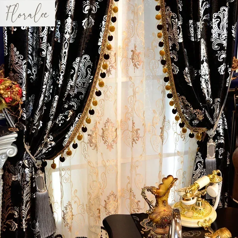 黒とシルバーのヨーロッパスタイルの刺繍遮光高級チュールカーテンリビングルームベッドルームヴィラハイエンドカスタマイズ