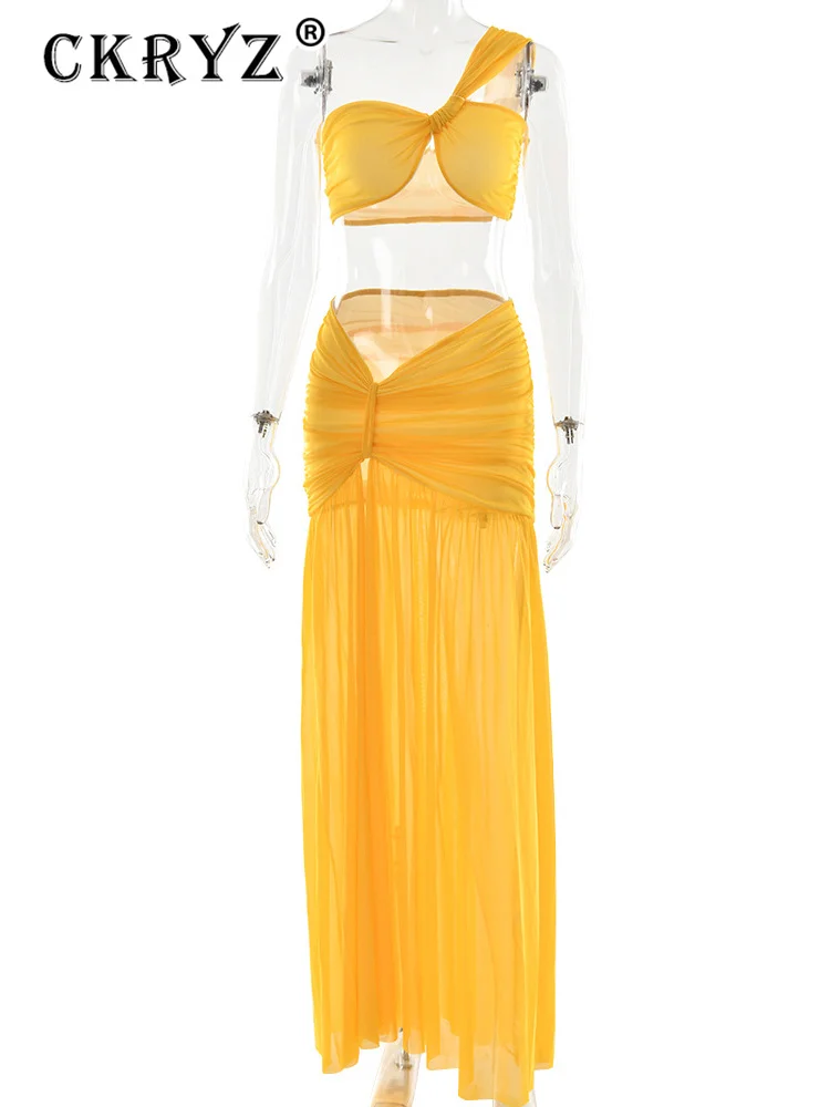 Conjunto de dos piezas de falda Sexy de verano para mujer, Top corto de un hombro y falda Maxi, conjunto elegante de 2 piezas para fiesta en la playa y Club