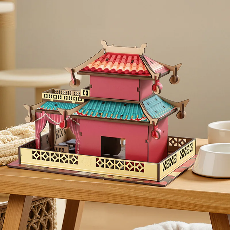 Wooden Chinese Style 3D Puzzle, DIY Assembly Building Model Kit, Traditional Architecture Craft, Educational Toy & Desktop Decor