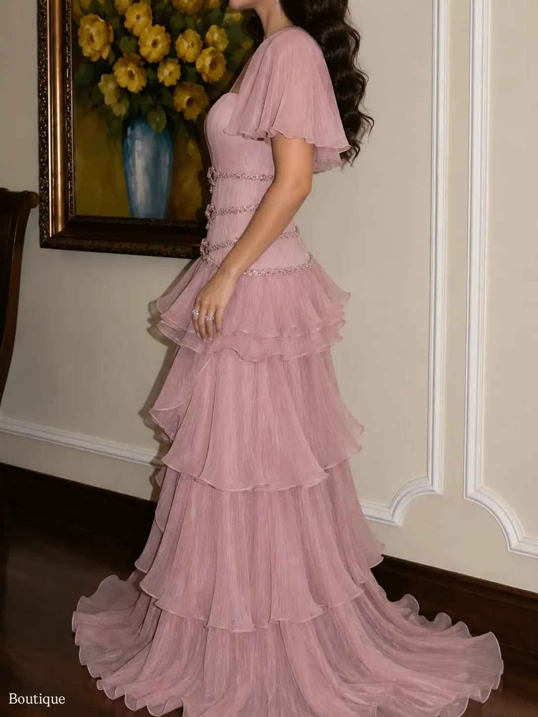 Pink Square Neck Chiffon Ruffle Evening Gowns Beaded Bow Belt Saudi Arabia Women Prom Gown Wedding Dress Birthday Customized