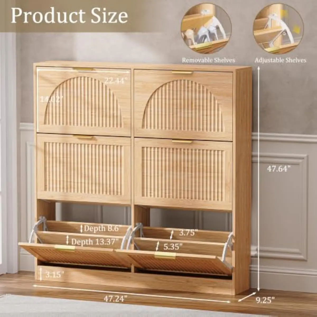 Slim Entryway Shoe Cabinet with Arch Fluted Panels, Six Flip-Door Compartments, Adjustable Dividers, Wall-Flush Base, Space-Savi
