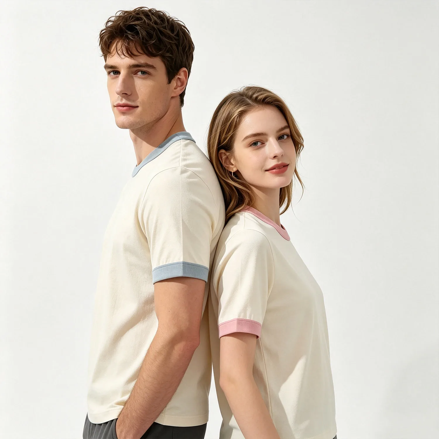 2Pcs Couple Matching Beach Tops Fashion Color Stitch O-Neck Soft Cotton Short Sleeve Comfort Daily