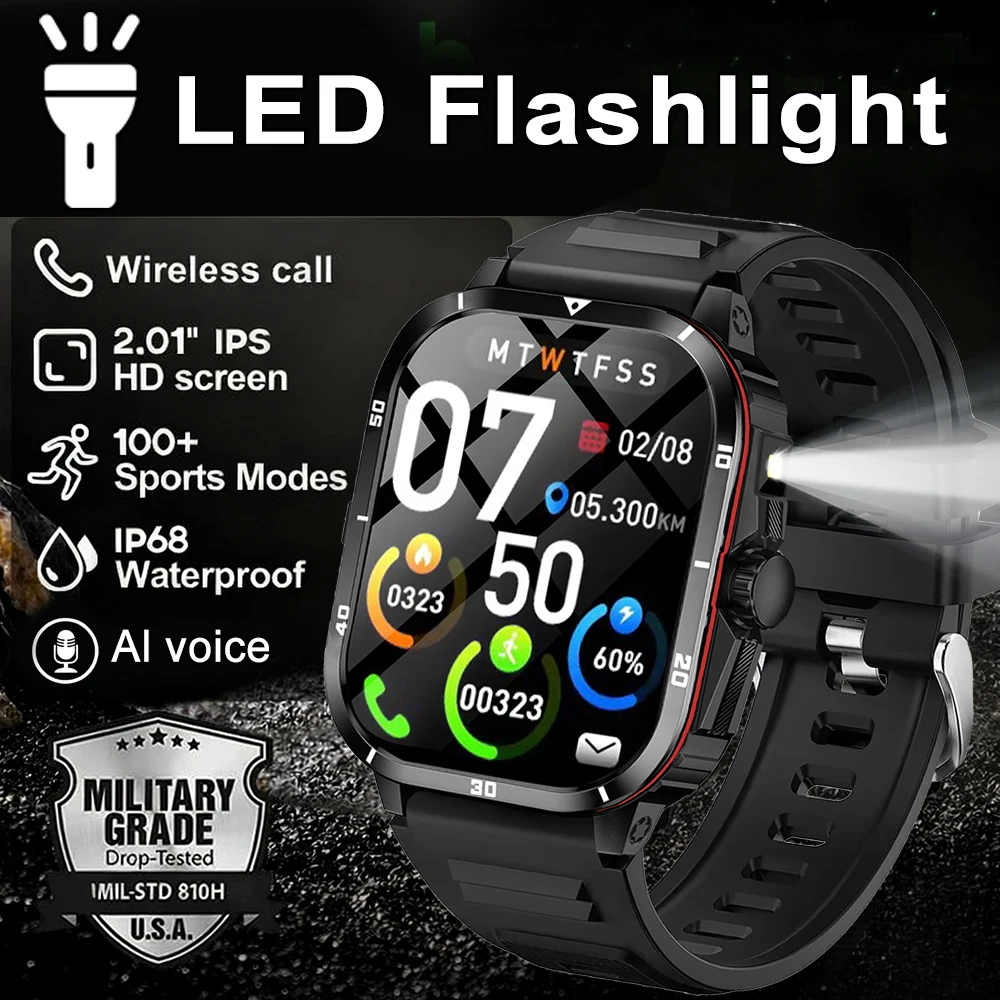 

Новый светодиодный фонарик для улицы, 100+ спортивных умных часов для мужчин, 2,01 дюйма, HD-экран, Bluetooth, говорящие, IP68, водонепроницаемые умные часы