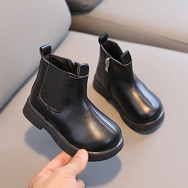 Baby Kids Short Boots Girl Pure Color Soft Leather Princess Boot Children British Style Handsome Casual Side Zipper design Shoes