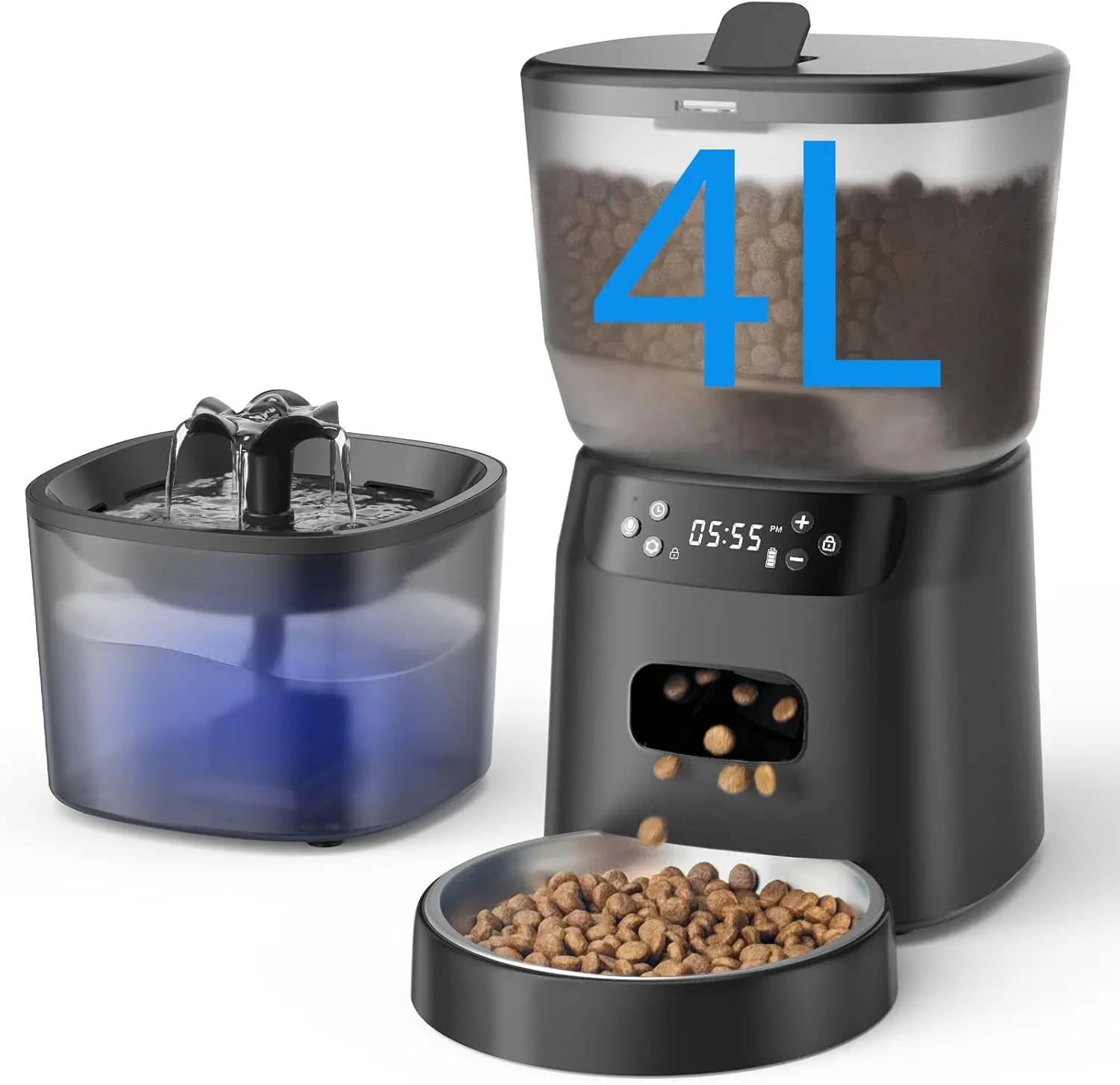 

Automatic Cat Feeder & Water Fountain, 4L Food Dispenser, 2L Filtered Water, 6 Meals/Day, Black